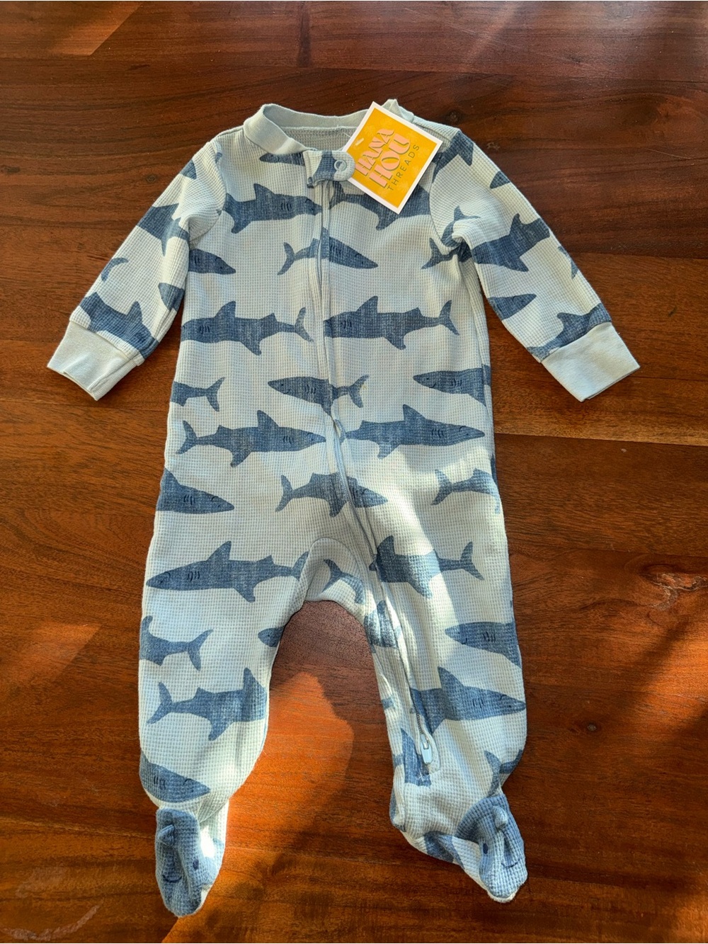 Carters Blue Shark Print Waffle Knit Footed Pajamas Sleep Play 6M